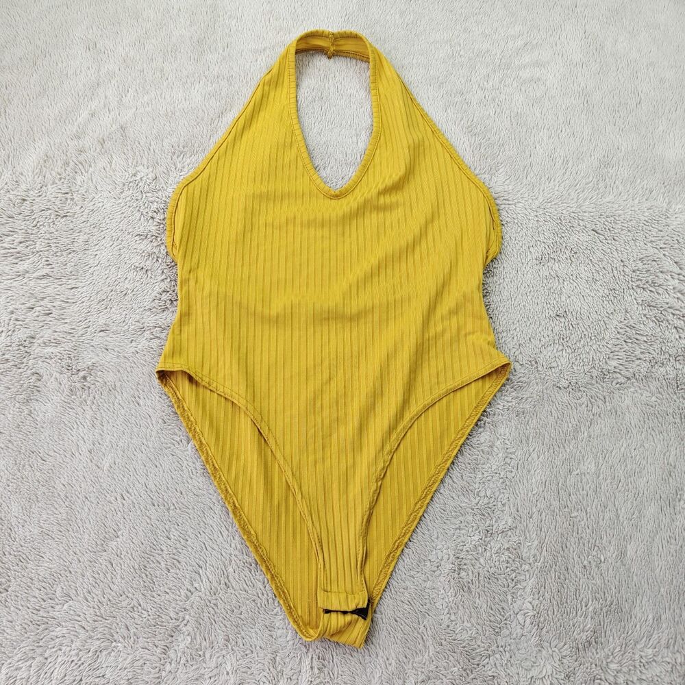 Nasty Gal Ribbed Halter Top Bodysuit Women's 8 Yellow Y2K 90s Tank Bottom Snap